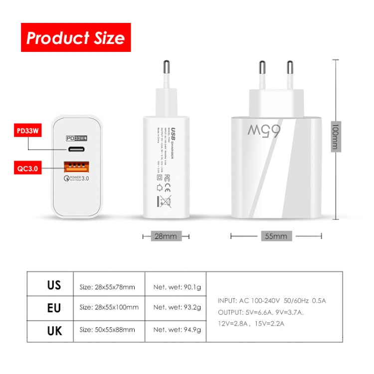 Chargeur GaN double port 65W USB-C/Type-C+USB QC3.0 pour ordinateur portable universel A502, prise EU noire, prise EU blanche, prise US noire, prise US blanche, prise UK noire, prise UK blanche