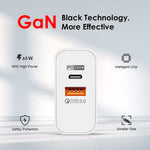 Chargeur GaN double port 65W USB-C/Type-C+USB QC3.0 pour ordinateur portable universel A502, prise EU noire, prise EU blanche, prise US noire, prise US blanche, prise UK noire, prise UK blanche