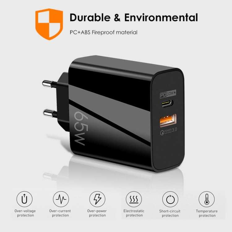 Chargeur GaN double port 65W USB-C/Type-C+USB QC3.0 pour ordinateur portable universel A502, prise EU noire, prise EU blanche, prise US noire, prise US blanche, prise UK noire, prise UK blanche