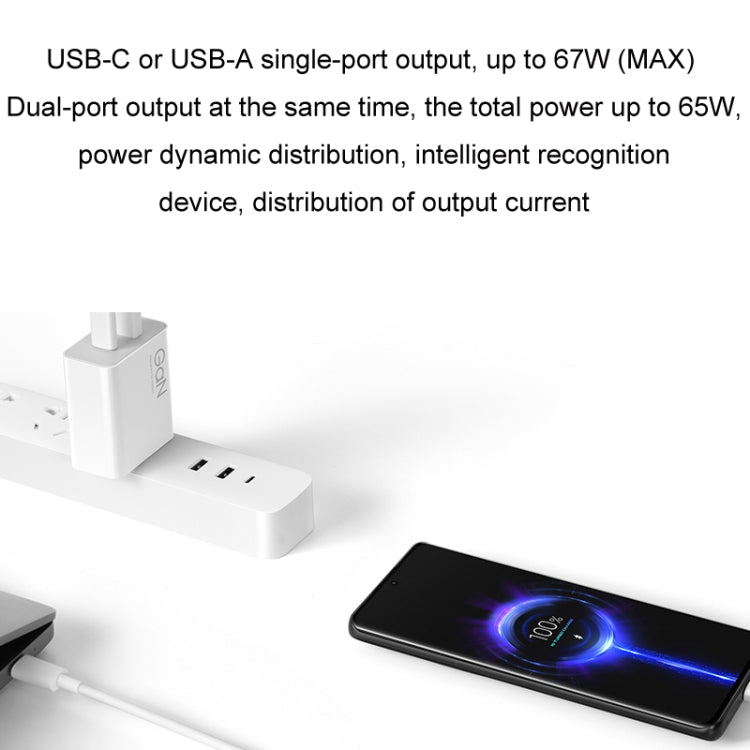 Chargeur rapide intelligent double port 67W GaN 1C+1A original Xiaomi, prise US, MDY-14