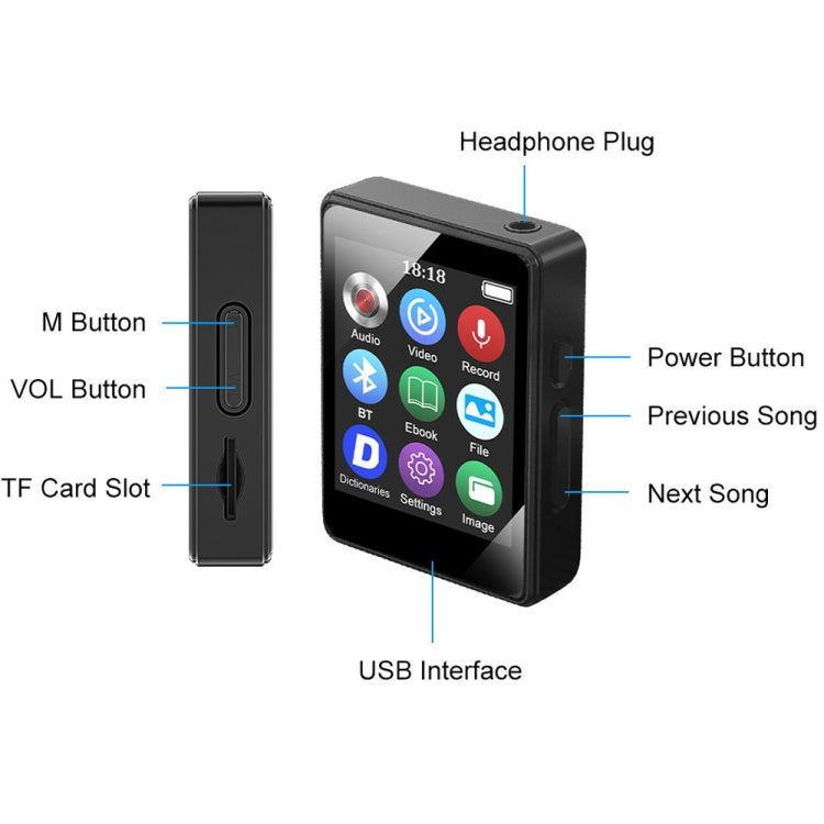 Lecteur MP3 Bluetooth 5.0, enregistreur ebook MP4 Walkman, sans carte mémoire, 8 Go, 16 Go, 32 Go, 64 Go, 128 Go