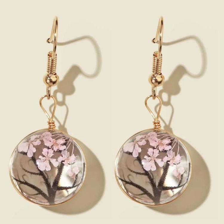 Boucles d'oreilles faites à la main en verre avec fleurs séchées et gypsophiles