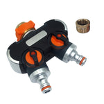 Diviseur d'eau pour irrigation et arrosage de jardin avec une entrée et deux robinets, avec adaptateur en plastique, avec adaptateur en cuivre, avec connecteur fileté européen, avec connecteur fileté européen + connecteur en plastique