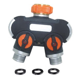 Diviseur d'eau pour irrigation et arrosage de jardin avec une entrée et deux robinets, avec adaptateur en plastique, avec adaptateur en cuivre, avec connecteur fileté européen, avec connecteur fileté européen + connecteur en plastique
