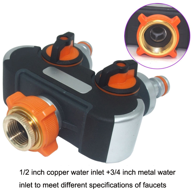 Diviseur d'eau pour irrigation et arrosage de jardin avec une entrée et deux robinets, avec adaptateur en plastique, avec adaptateur en cuivre, avec connecteur fileté européen, avec connecteur fileté européen + connecteur en plastique