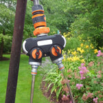 Diviseur d'eau pour irrigation et arrosage de jardin avec une entrée et deux robinets, avec adaptateur en plastique, avec adaptateur en cuivre, avec connecteur fileté européen, avec connecteur fileté européen + connecteur en plastique