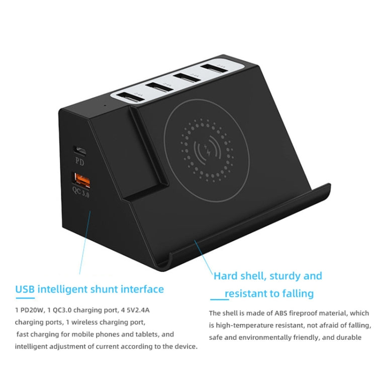 Chargeur multifonction 6 ports avec charge sans fil PD 20W + QC 3.0, noir