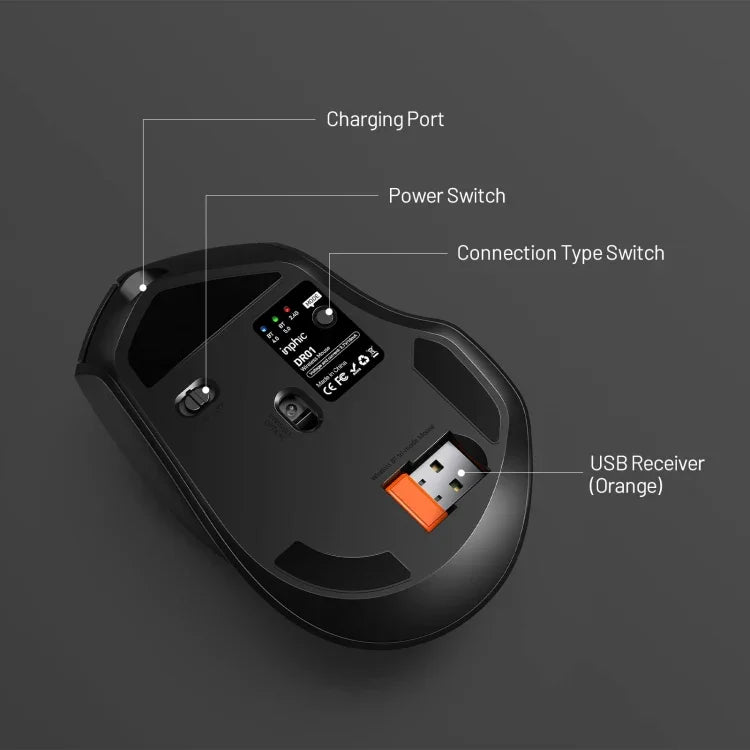 Souris sans fil Inphic DR01 Bluetooth 3 modes rechargeable, silencieuse, pour bureau, jeu, ordinateur portable, usage domestique, DR01 (Noir)