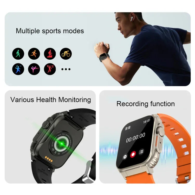 Montre connectée A70 1,96 pouces, surveillance de la santé, multifonctionnelle, étanche IP68, appels Bluetooth, Noir, Orange