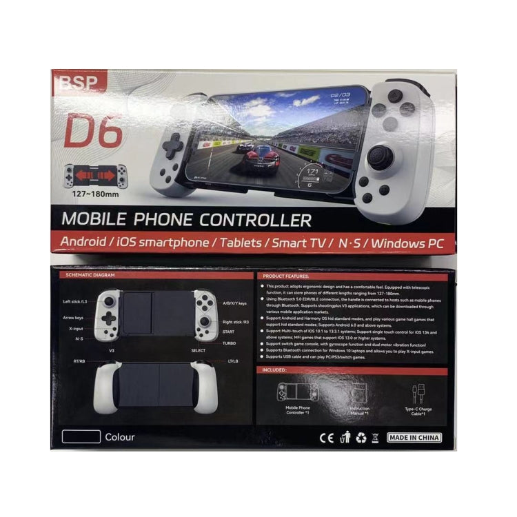 Manette de jeu rétractable Bluetooth D6 à double capteur Hall et six axes somatosensoriel pour Android/iPhone/Switch, D6 Noir, D6 Blanc Noir, D6 Blanc Rouge