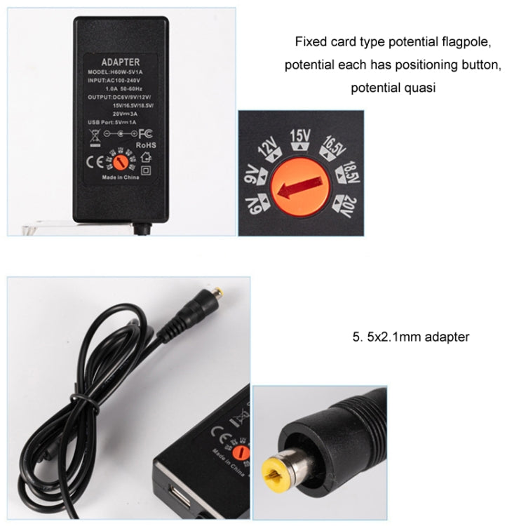 Chargeur adaptateur secteur DC réglable 65W 6-20V 3A, prise US, prise EU, prise UK petite, prise AU, prise UK grande