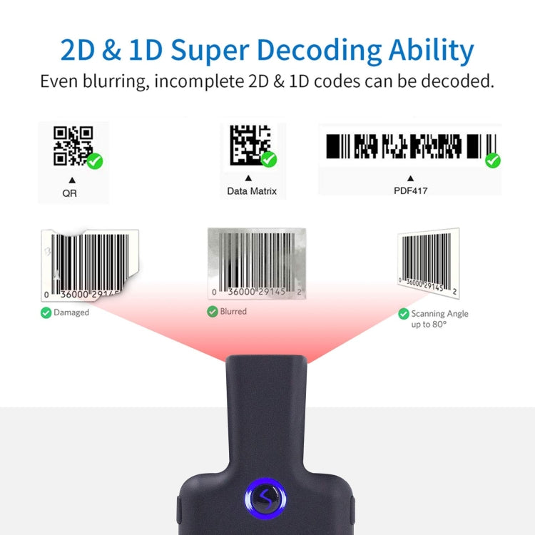 Scanner de codes-barres Bluetooth 2D HC101D sans fil avec clip arrière, lecteur de codes-barres pour téléphone, 2D milieu, 2D côté