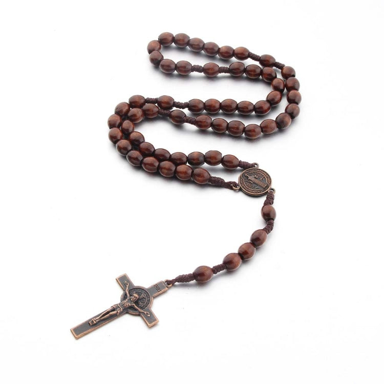 Collier vintage en perles de bois et croix en fil de fer, Café foncé