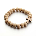 Bracelet avec pendentif croix en perles de bois rondes faites à la main