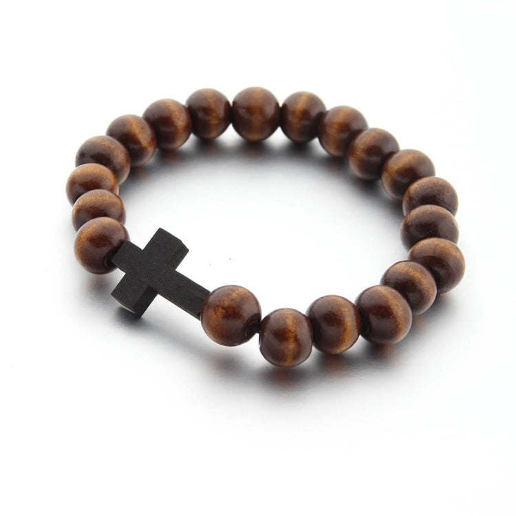 Bracelet avec pendentif croix en perles de bois rondes faites à la main