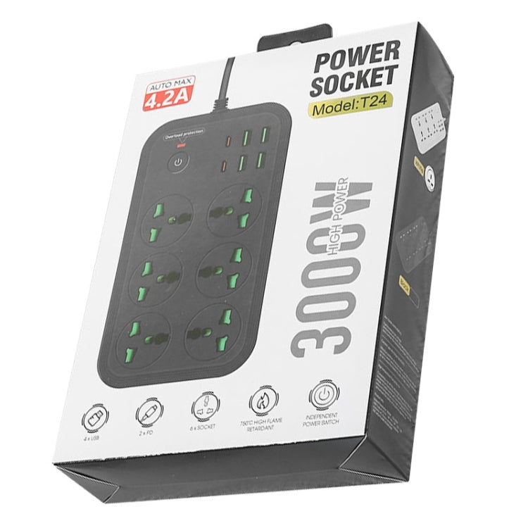 Multiprise T24 2m 3000W 6 prises + PD + 4 ports USB multifonction avec interrupteur, prise UK, prise US