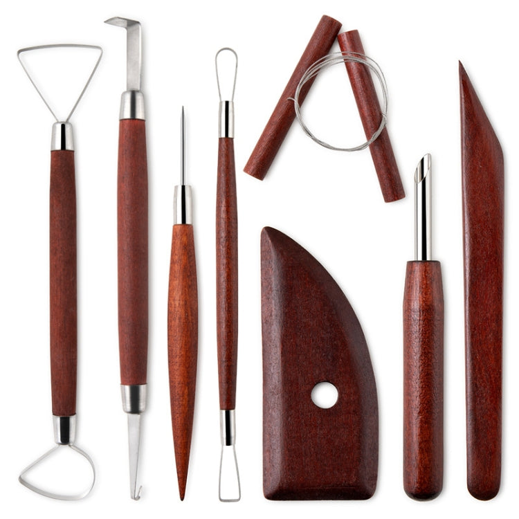 Ensemble d'Outils de Poterie 8-en-1 Manche en Bois Couteau de Découpe et Sculpture Céramique, Couleur Bois Foncé