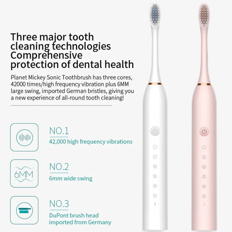 Brosses à dents électriques ultrasoniques rechargeables à poils souples, avec 6 vitesses et 4 brossettes