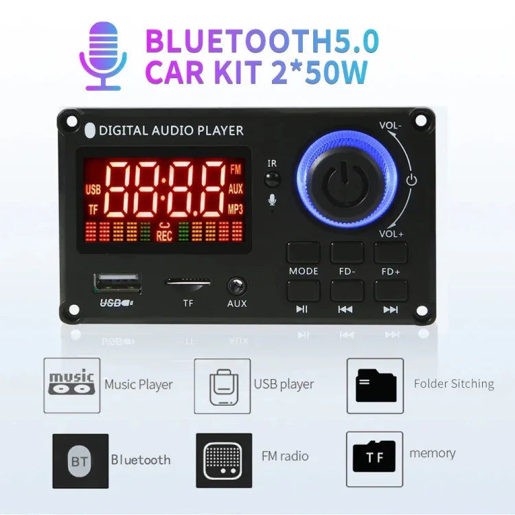 Amplificateur de puissance à écran couleur 100W 12V TPA3116 Carte décodeur Bluetooth avec enregistrement d'appels, télécommande en silicone, petite télécommande en silicone, petite télécommande