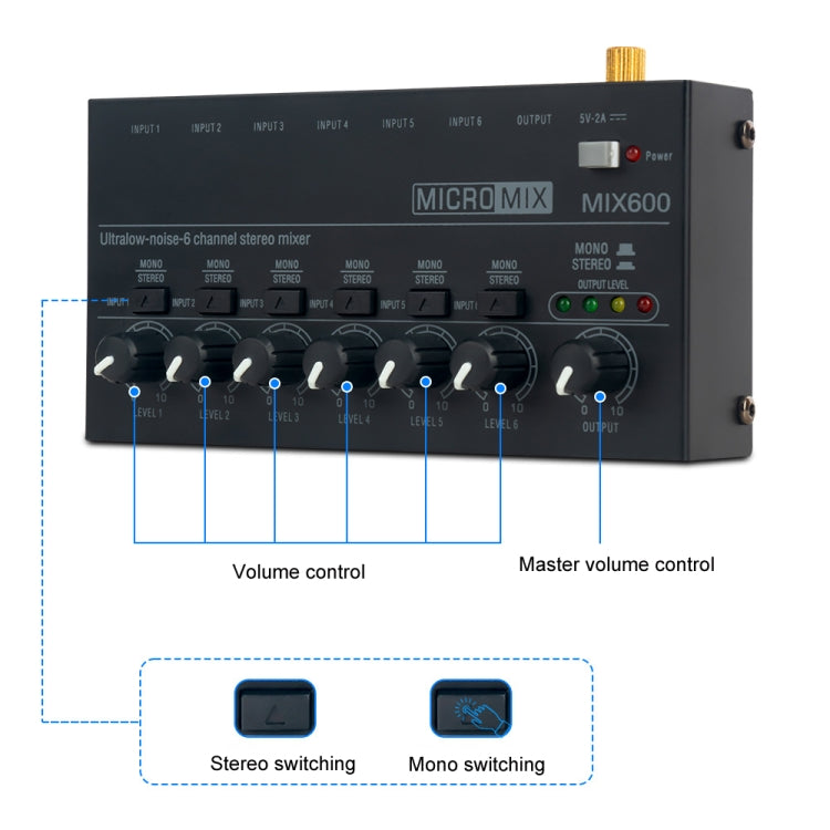 Mixeur audio stéréo 6 canaux ultra-compact à faible bruit, prise US, MIX600