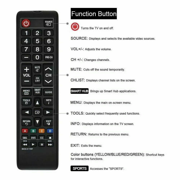 Télécommande BN59-01199F pour TV Samsung LED LCD Smart, BN59-01199F