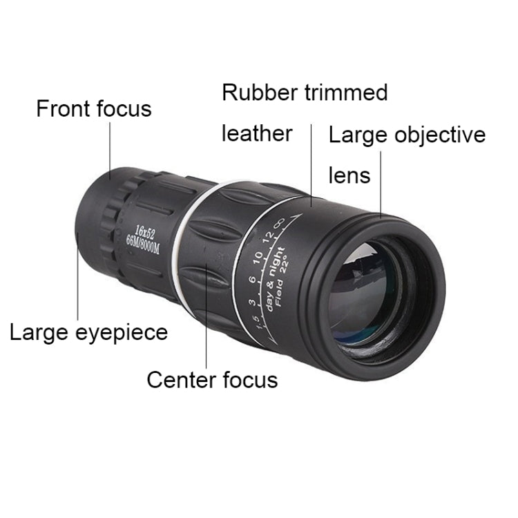 Télescope monoculaire haute définition 16x52 pour observation d'oiseaux en extérieur, prisme 16x52, film vert 16x52, sans sac 16x52, avec clip+trépied 16x52