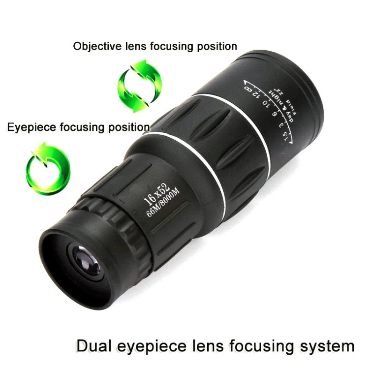 Télescope monoculaire haute définition 16x52 pour observation d'oiseaux en extérieur, prisme 16x52, film vert 16x52, sans sac 16x52, avec clip+trépied 16x52