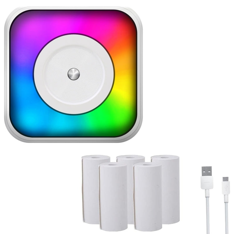 Imprimante portable mini Bluetooth à lumière RGB, imprimante d'étiquettes sans encre, avec 1 rouleau de papier, avec 5 rouleaux de papier, avec 5 rouleaux d'autocollants, avec 5 papiers + 5 autocollants + 3 papiers colorés