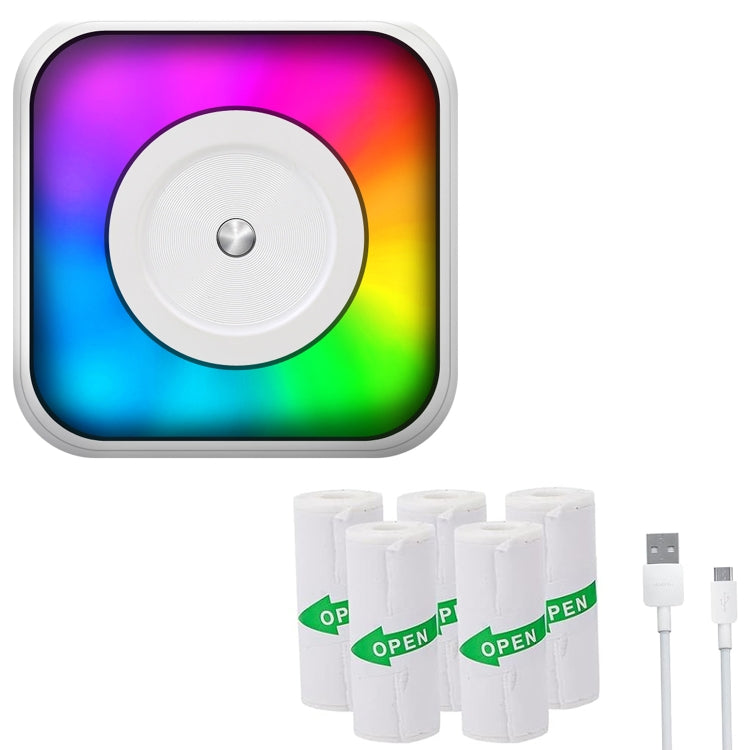 Imprimante portable mini Bluetooth à lumière RGB, imprimante d'étiquettes sans encre, avec 1 rouleau de papier, avec 5 rouleaux de papier, avec 5 rouleaux d'autocollants, avec 5 papiers + 5 autocollants + 3 papiers colorés