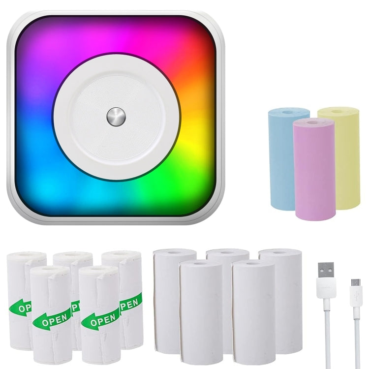 Imprimante portable mini Bluetooth à lumière RGB, imprimante d'étiquettes sans encre, avec 1 rouleau de papier, avec 5 rouleaux de papier, avec 5 rouleaux d'autocollants, avec 5 papiers + 5 autocollants + 3 papiers colorés