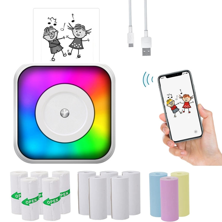 Imprimante portable mini Bluetooth à lumière RGB, imprimante d'étiquettes sans encre, avec 1 rouleau de papier, avec 5 rouleaux de papier, avec 5 rouleaux d'autocollants, avec 5 papiers + 5 autocollants + 3 papiers colorés