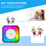 Imprimante portable mini Bluetooth à lumière RGB, imprimante d'étiquettes sans encre, avec 1 rouleau de papier, avec 5 rouleaux de papier, avec 5 rouleaux d'autocollants, avec 5 papiers + 5 autocollants + 3 papiers colorés