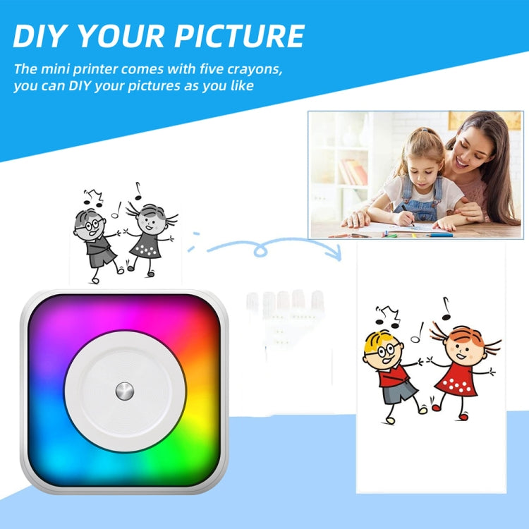 Imprimante portable mini Bluetooth à lumière RGB, imprimante d'étiquettes sans encre, avec 1 rouleau de papier, avec 5 rouleaux de papier, avec 5 rouleaux d'autocollants, avec 5 papiers + 5 autocollants + 3 papiers colorés