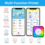 Imprimante portable mini Bluetooth à lumière RGB, imprimante d'étiquettes sans encre, avec 1 rouleau de papier, avec 5 rouleaux de papier, avec 5 rouleaux d'autocollants, avec 5 papiers + 5 autocollants + 3 papiers colorés