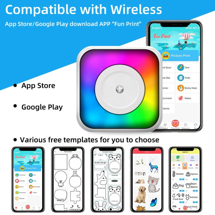 Imprimante portable mini Bluetooth à lumière RGB, imprimante d'étiquettes sans encre, avec 1 rouleau de papier, avec 5 rouleaux de papier, avec 5 rouleaux d'autocollants, avec 5 papiers + 5 autocollants + 3 papiers colorés