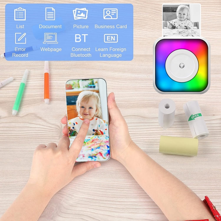 Imprimante portable mini Bluetooth à lumière RGB, imprimante d'étiquettes sans encre, avec 1 rouleau de papier, avec 5 rouleaux de papier, avec 5 rouleaux d'autocollants, avec 5 papiers + 5 autocollants + 3 papiers colorés