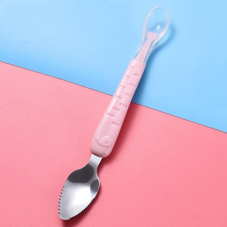 Cuillère à racler double face pour bébé en acier inoxydable 304 avec cuillère souple en silicone, rose, bleu, bleu avec boîte de rangement, rose avec boîte de rangement
