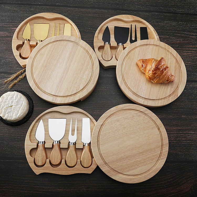4 pièces / ensemble boîte ronde en chêne couteau à fromage spatule outils à fromage en acier inoxydable coutellerie, couleur acier, noir, or