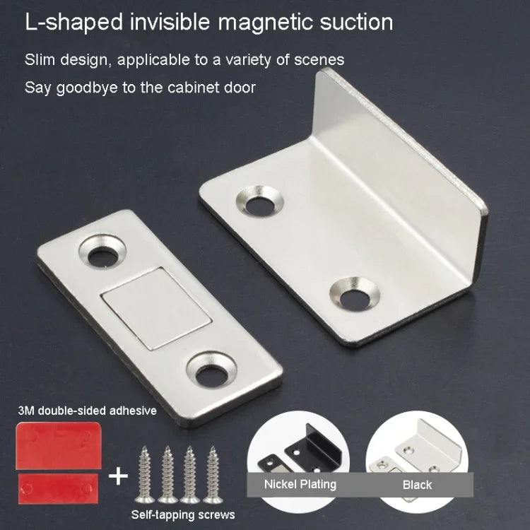 90 Degree No-Punch Invisible Door Suction Thin Section Wardrobe Sliding Door Magnetic Suction, Silver, Black