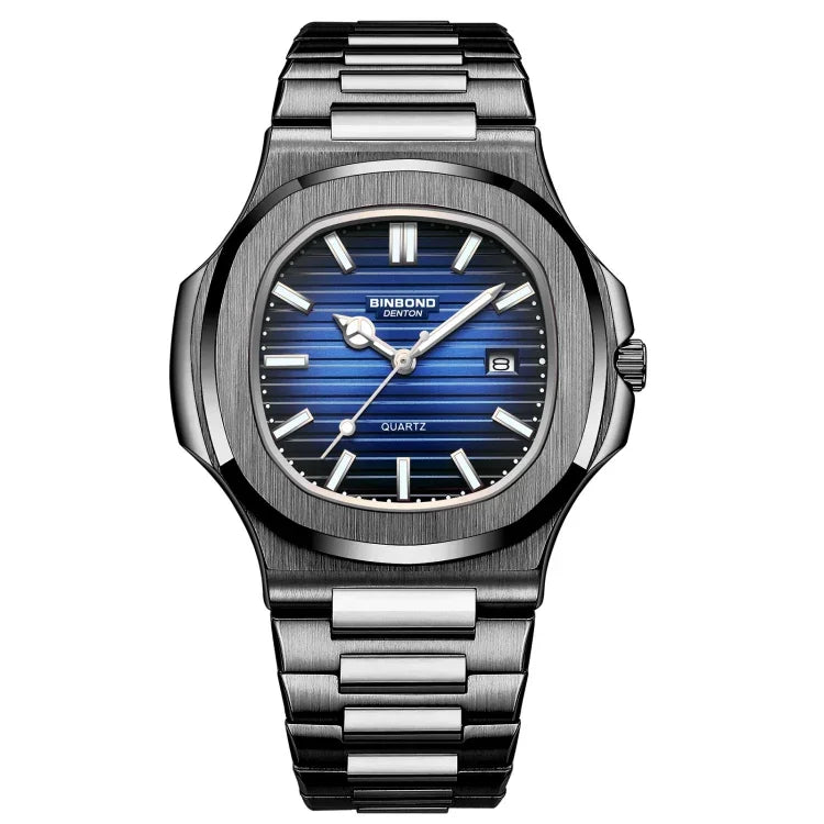 BINBOND B1885 Montre à quartz homme étanche 30m, rétro lumineuse, carrée, en acier noir-bleu-blanc