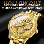 BINBOND B3030 Embossed Dragon Luminous Waterproof Quartz Watch, Full-gold Black, White Steel-White