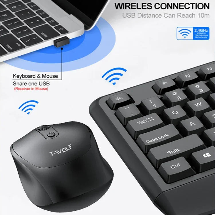 Ensemble clavier et souris sans fil T-WOLF TF-100 2,4G Bluetooth pour ordinateur portable et bureau, TF-100 (Noir)