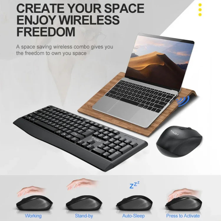 Ensemble clavier et souris sans fil T-WOLF TF-100 2,4G Bluetooth pour ordinateur portable et bureau, TF-100 (Noir)
