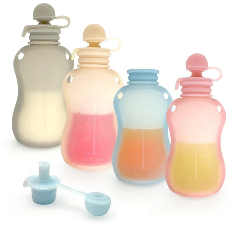 Pochettes réutilisables en silicone pour aliments de bébé, contenants à presser rechargeables, 150 ml Bleu, 150 ml Rose, 150 ml Beige