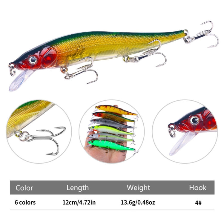 6 couleurs / set HENGJIA MI169 leurres de pêche Lua durs submergés, 12cm 13,6g