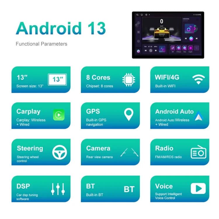Écran de navigation Android 13,1 pouces 4+64G avec APK cartographique universel / Carplay / Image de recul, 13,1 pouces