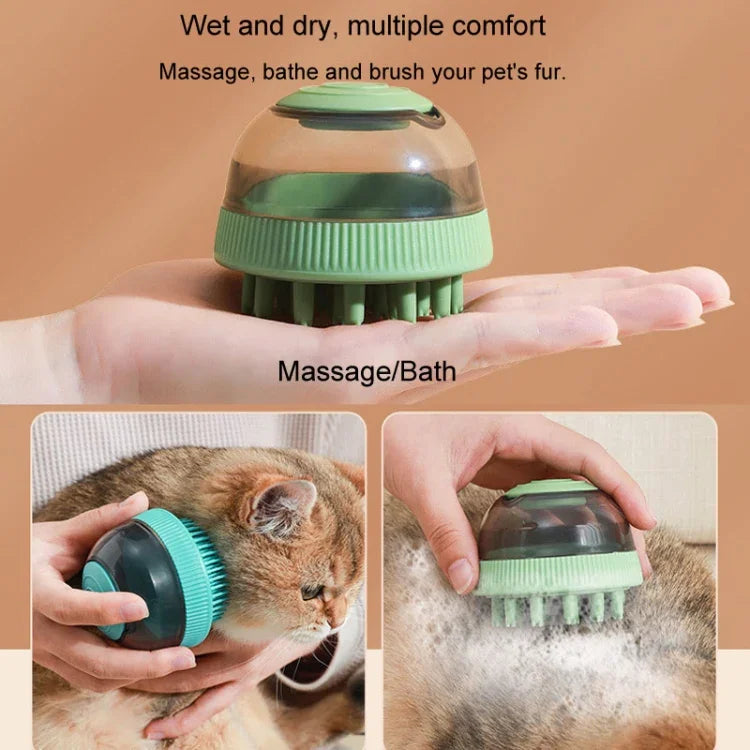 Gel douche rechargeable en capsules pour le bain des chats et des chiens, avec brosse de massage.