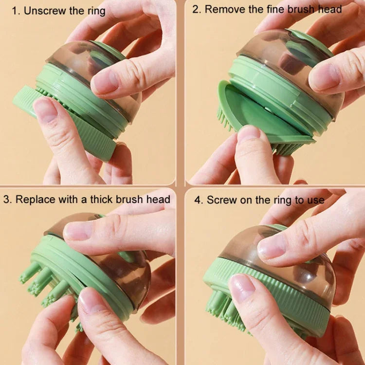 Gel douche rechargeable en capsules pour le bain des chats et des chiens, avec brosse de massage.