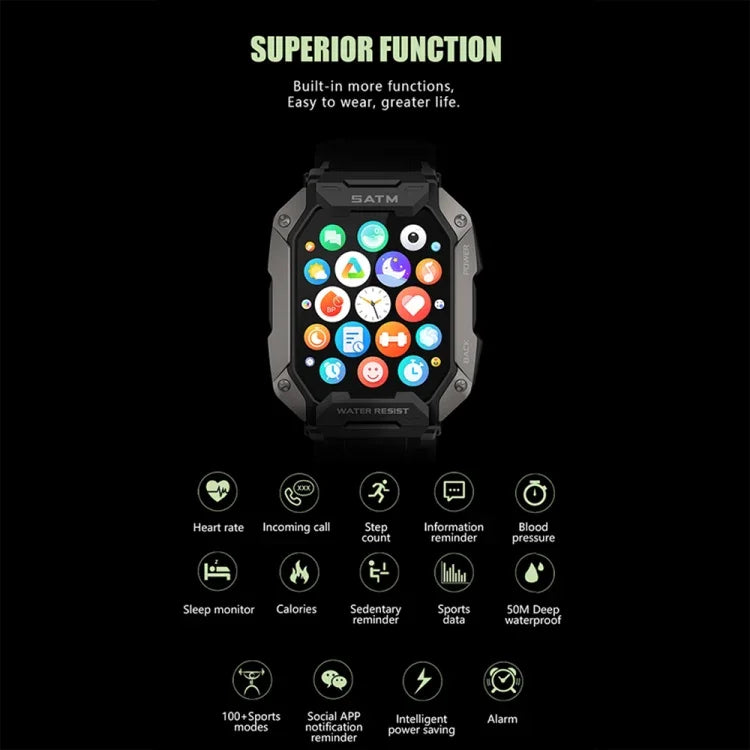 C20Plus 1.81-inch Health Monitoring Waterproof Bluetooth Call Smart Watch, Camouflage Green