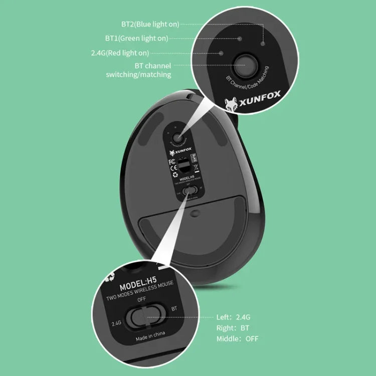 Souris verticale ergonomique sans fil rechargeable double mode XUNSVFOX H5 pour bureau professionnel